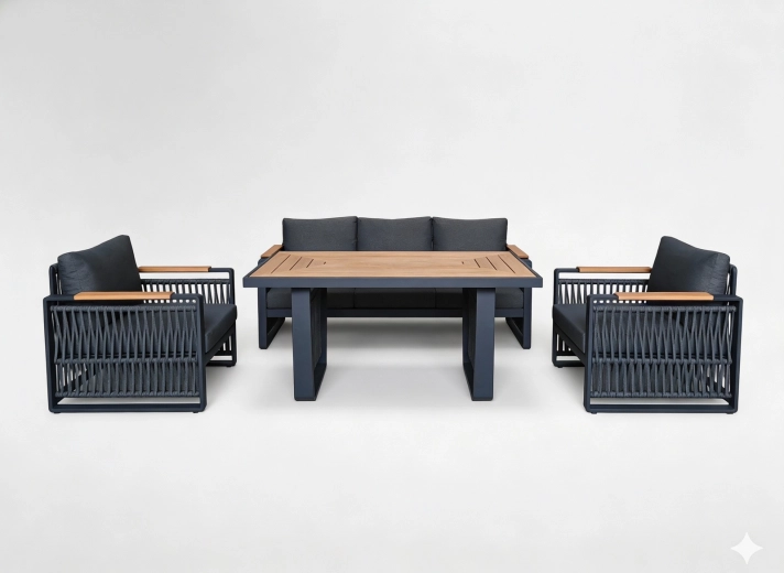 Skopje loungeset voor de tuin van aluminium, 3-zitsbank, 2 fauteuils en tafel, grijs