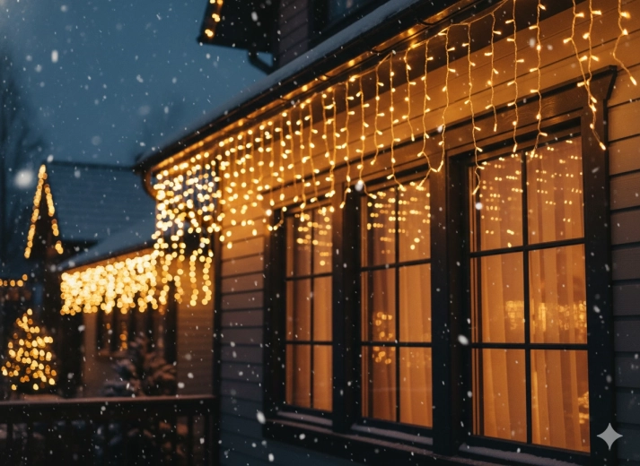 Lichtgordijn met LED – ijspegels 300 LED, warm wit met koud knipperend effect, 12 m