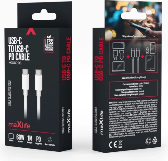 Maxlife USB‑C – USB‑C kabel 1 m, 60 W, wit