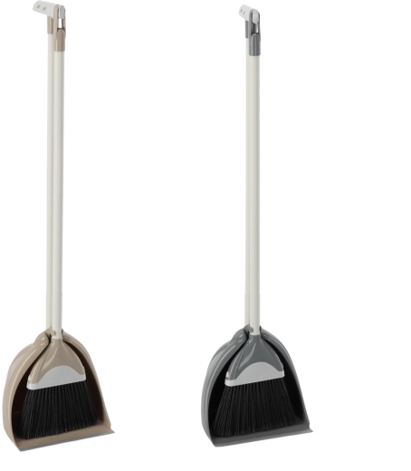 Bezem met lange steel en stofpan met standaard