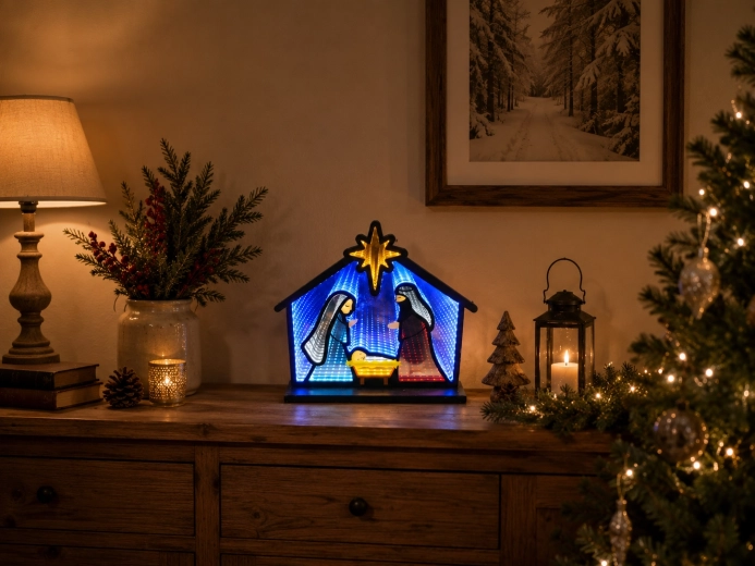 Kerst 3D-decoratie Kerststal met infinity-spiegeleffect LED 33,5 × 8 × 28,7 cm