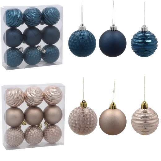 Set kerstballen 6 cm – donkerblauw en beige-goud, collectie MOON DUST (9 stuks)