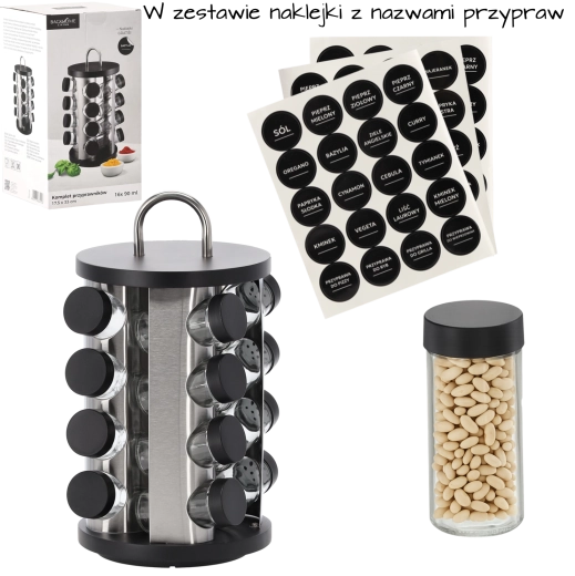 Draaibare ronde kruidenstandaard met handgreep, 16 glazen potjes, zwart-zilver, 17,5 × 33 cm