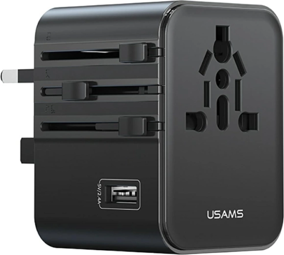 USAMS reisadapter en universele oplader 17 W (2× USB‑C + USB‑A) 4-in-1 US/AU/EU/UK, zwart