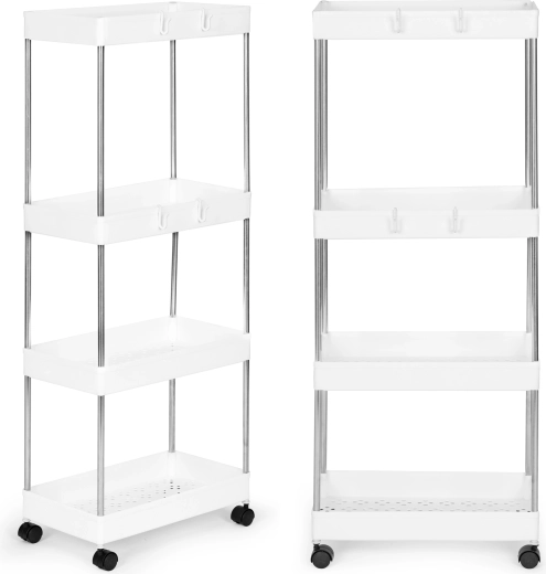 Kunststof badkamerstandaard met 4 planken op wieltjes