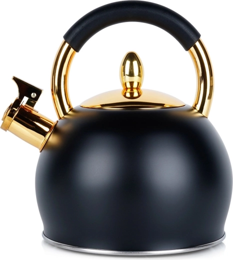 Vilde roestvrijstalen fluitketel zwart met gouden details, 3 l