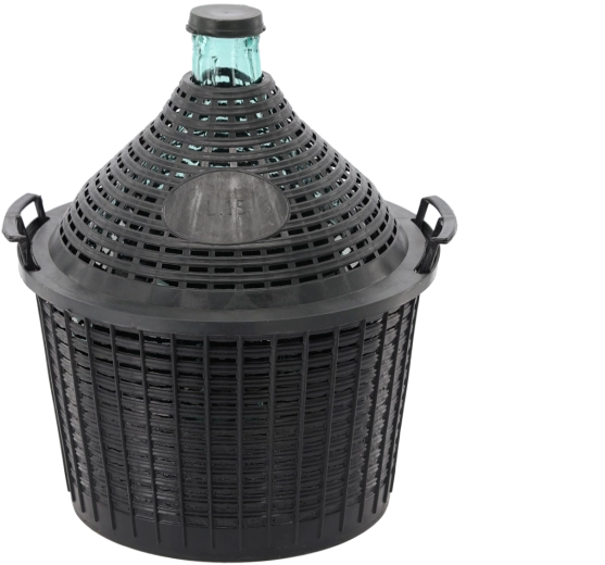 Glazen mandfles in mand 15 l