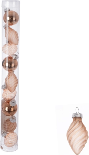 Glazen decoratieballen in koker, bruin (bronskleurige tint), 9 stuks