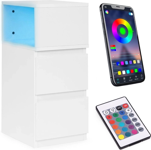 Nachtkastje met LED-verlichting, 2 lades, wit, ModernHome