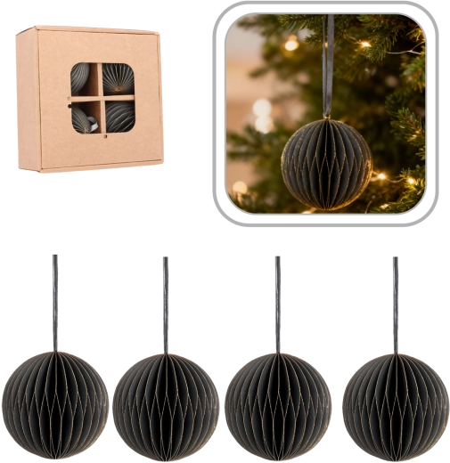 Set van grijze papieren kerstversieringen 8 cm (4 stuks)