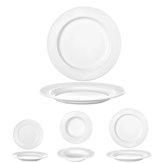 Set van 18 witte borden van opaalglas met geribbelde rand
