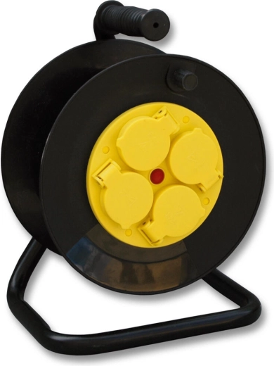 Oprolbare verlengkabel 25 m met haspel, 4 stopcontacten, rubber, IP44