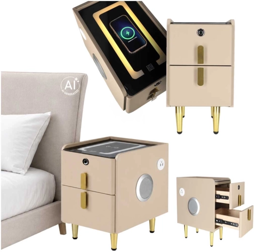 Slim nachtkastje met vingerafdruk en draadloos opladen, beige - 1 stuk