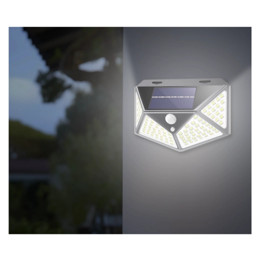 Zonnelamp voor aan de muur met bewegingssensor, 100 LED, koud wit