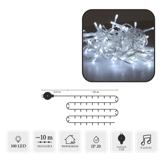 LED kerstlichtslinger met melodie USB, 100 LED, koel wit, 10 m