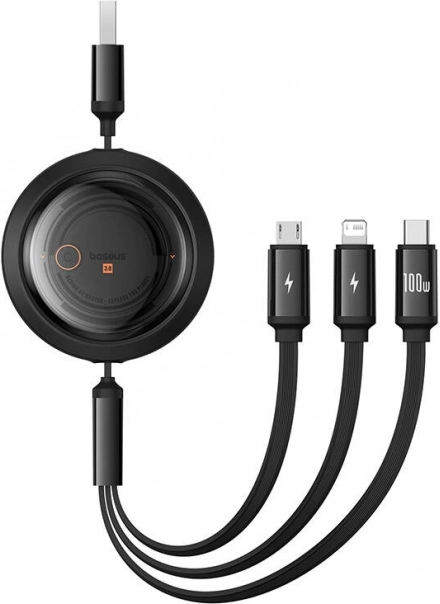 Uitschuifbare oplaadkabel 3-in-1 BASEUS Free2Draw 100W, 1,1 m – USB‑A naar USB‑C/Lightning/Micro USB (zwart)