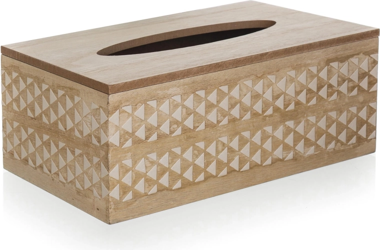 Houten doos voor papieren zakdoekjes met wit ornament 24 × 13 × 9,5 cm