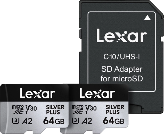 Set van 2× LEXAR Silver Plus microSDXC-kaarten 64 GB met adapter