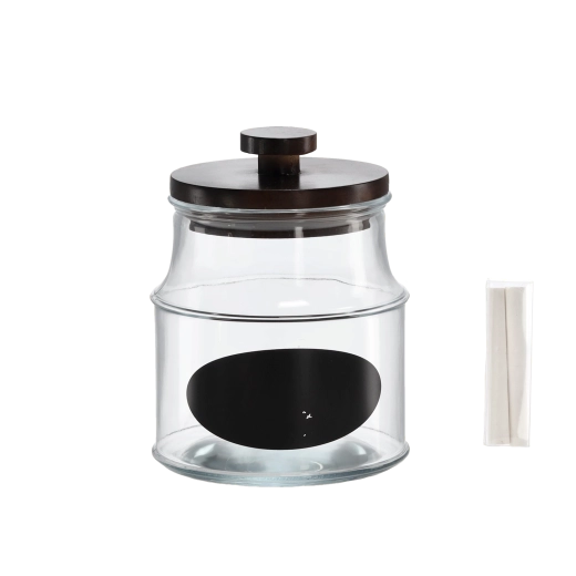 Glazen pot 1,9 l met houten deksel, etiket en krijt