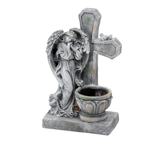 Beeldje van een engel met kruis en bloempot 21,5 × 14 × 35,5 cm