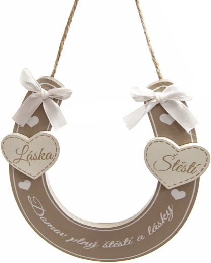 Houten decoratie hoefijzer beige met opschrift „Huis vol…“ 14 × 14 cm