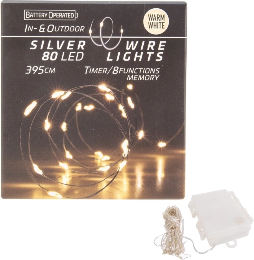 LED-lichtsnoer op draad 80 LED, warmgeel, in/out met timer