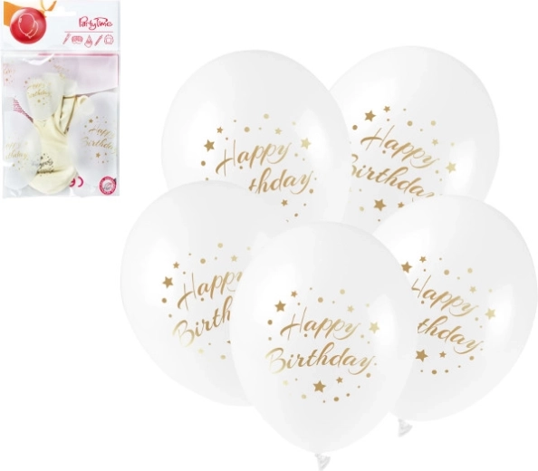 Latexballonnen Happy Birthday met gouden opdruk 28 cm, 5 stuks