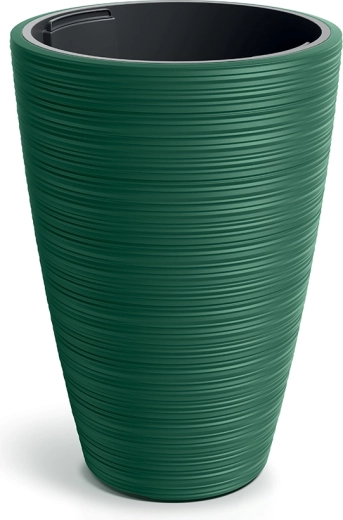 Hoge geribde bloempot met inzet 35 cm, donkergroen
