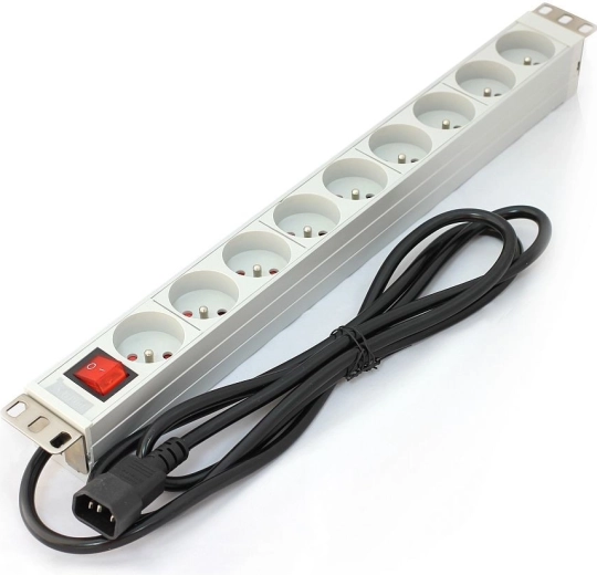PDU‑strip voor 19" rack, 9× stopcontact Type E, 2 m kabel C14, 10 A, schakelaar, aluminium