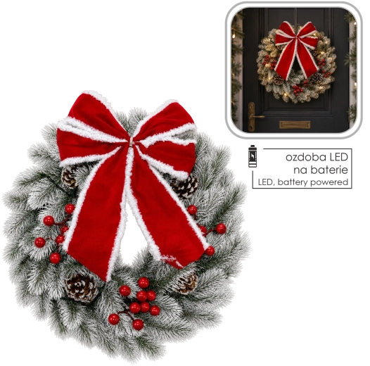 Kerst-LED-krans van 34 cm, wit-groen met strik