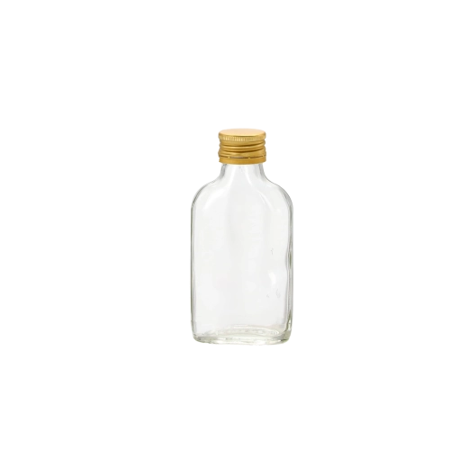 Glazen platte fles 100 ml met gouden schroefdop
