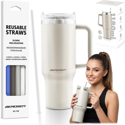 Berdsen vacuüm thermobeker 1180 ml met set rietjes, crème