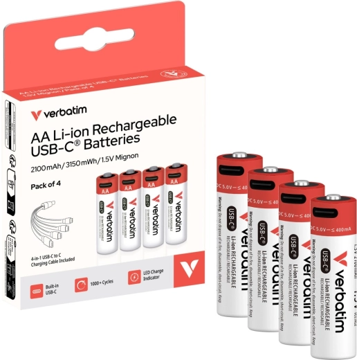 Oplaadbare batterijen Verbatim AA USB-C 2100 mAh met kabel - 4 stuks