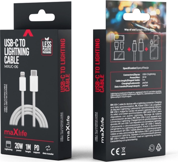Maxlife nylonkabel USB‑C – Lightning 1 m, 20 W, grijs