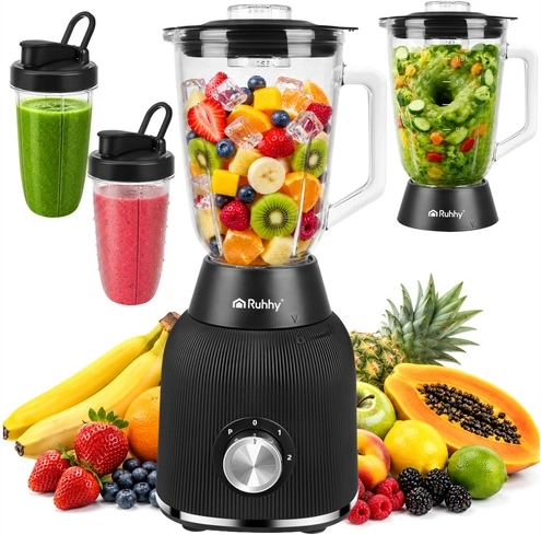Ruhhy tafel-smoothieblender 1200 W met glazen kan en 2 reisflessen