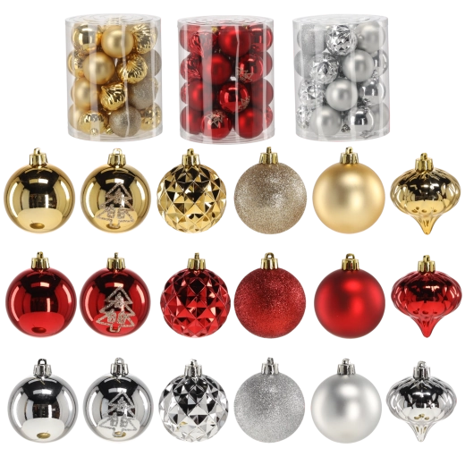 Set kerstballen 6 cm – rood, goud en zilver (26 stuks)