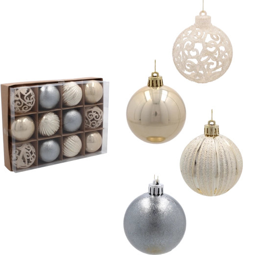 Set van kerstballen 6 cm in tinten champagne, grijs en wit – 12 stuks