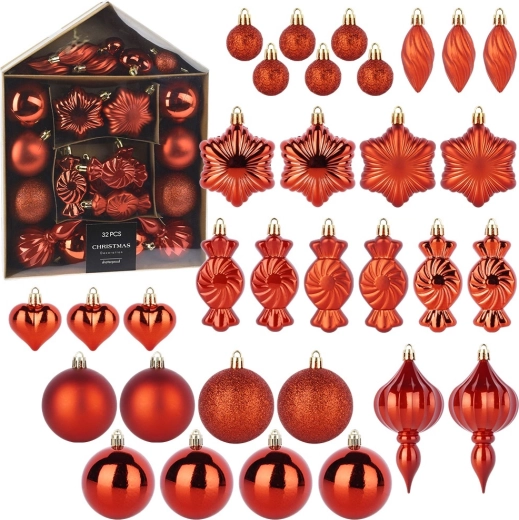 Onbreekbare rode kerstballen 3–11,5 cm, set van 32 stuks