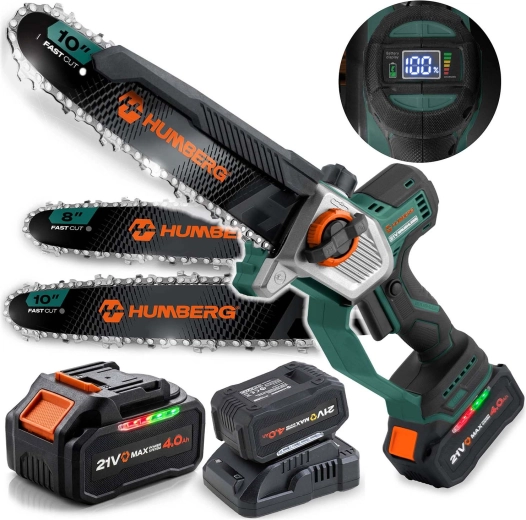 Accu-kettingzaag Humberg HM-437 21 V 4,0 Ah met zwaard 10" en 8"