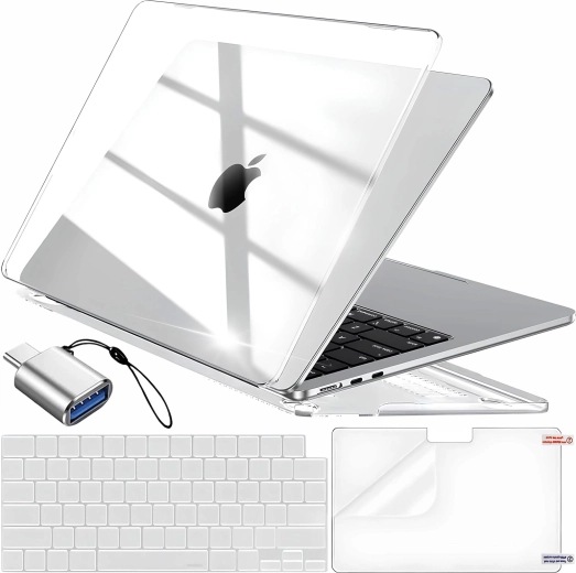 Renew Force transparante beschermhoes voor MacBook Air 13,6" (M2 2022 / M3 2024 / M4 2025) met toetsenbordcover, schermfolie en USB‑C-naar-USB 3.0-adapter - 1 stuk