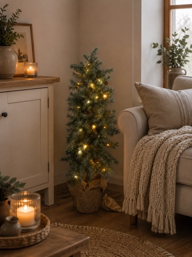 Kunstkerstboom 85 cm in bloempot met sneeuweffect en LED-verlichting - 1 stuk
