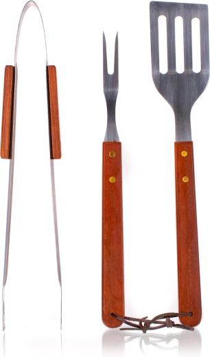 3-delige set barbecuetools van roestvrij staal met houten handgrepen