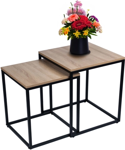 Set vierkante salontafels 2-in-1 in loft/industriële stijl, licht eiken