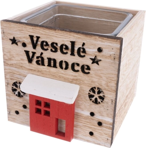 Houten kandelaar met opschrift Vrolijk Kerstfeest – beige