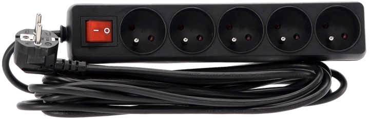 Stekkerdoos met overspanningsbeveiliging en schakelaar, 5 stopcontacten, 5 m, zwart
