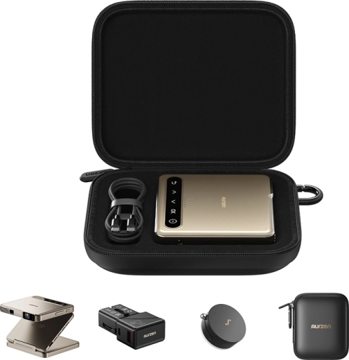 Set met draagbare mini‑projector AURZEN Zip met accessoires