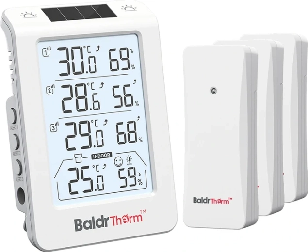 Baldrtherm drie-kanaals thermo-hygrometer met automatische achtergrondverlichting