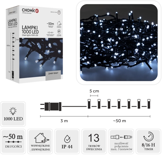 LED-kerstlichtsnoer 1000 led, koud wit, 53 m (50 m + 3 m)