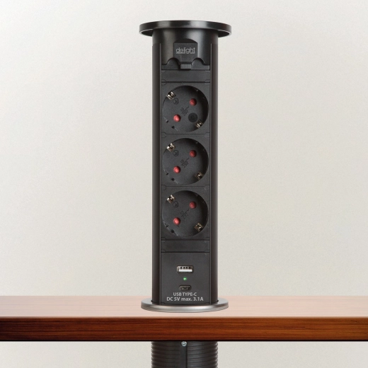 Gemotoriseerde uitklapbare stekkerdoos voor inbouw in tafel, zwart