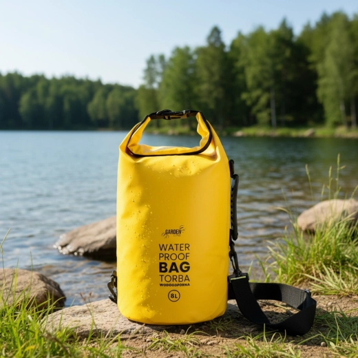 Waterdichte roltop drybag 8 l met schouderriem, geel